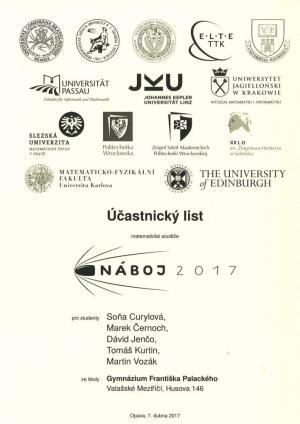 Matematický náboj 2017, Slezská univerzita v Opavě, 7. 4. 2017, diplom 