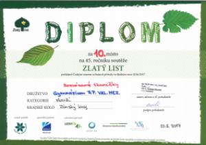 KK Zlatý list 2017, lesopark u Valašského ekocentra VM, 23. 5. 2017, diplom pro účastníky soutěže