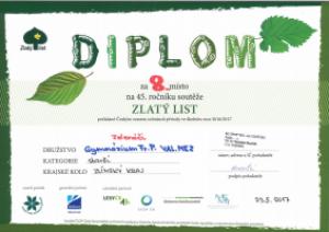KK Zlatý list 2017, lesopark u Valašského ekocentra VM, 23. 5. 2017, diplom pro účastníky soutěže